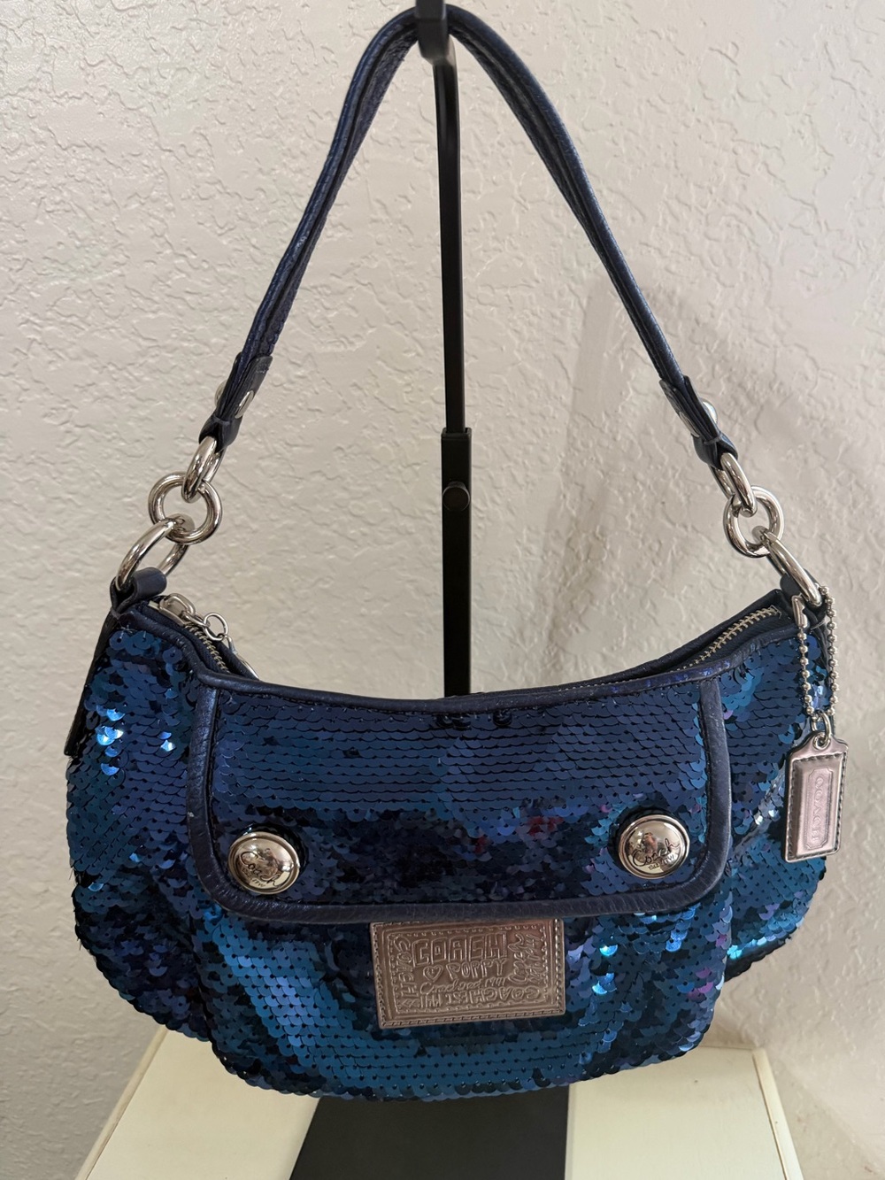 Coach Poppy Blue Sequin Shoulder Bag with Silver Hardware